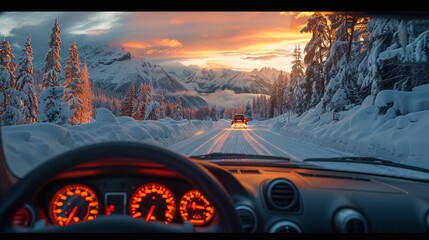 Driving through a snowy landscape at sunset, this image captures a road trip view from the driver's perspective