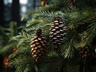 Pine tree branch with cones, close-up. Christmas background