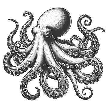 recommend clip art: octopus sea animal food with swirling tentacles and suction cups, in a classic engraving style sketch engraving generative ai raster illustration. Scratch board imitation. Black and white image.