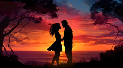 Silhouette of a couple sharing a kiss against an orange sunset sky. Generative AI.