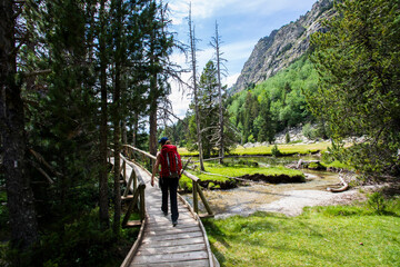 Young hiker woman in Vall de Boi, Aiguestortes and Sant Maurici National Park, Spain