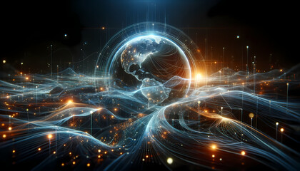 Obraz premium A futuristic landscape filled with flowing lines, glowing points of light, and digital streams, representing a dynamic interplay of data within a cityscape