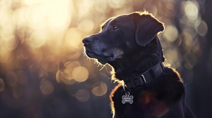 A closeup image of a black dog with a collar, gazing at the sun in the sky