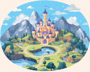 Enchanting fairytale castle surrounded by picturesque landscape, mountains, and lakes under a clear blue sky.