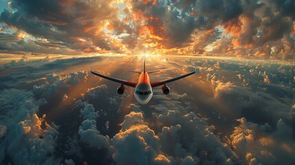 Stunning image of a jet airplane soaring above beautiful cloud formations during a vibrant sunrise