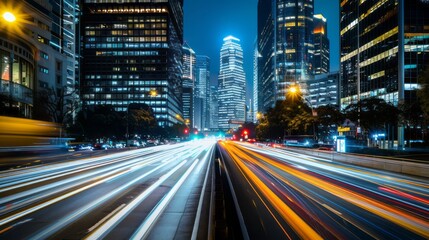 Naklejka premium Light Trails On A Busy Road In The City At Night, Long Exposure.