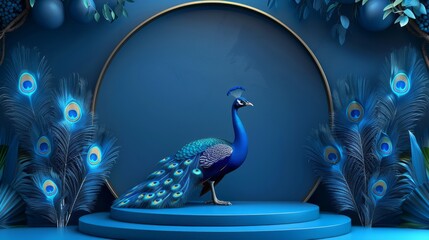 Majestic Blue Peacock Standing On A Podium With A Gold Ring And Peacock Feathers In The Background