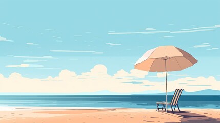 Scenic beach view with a solitary lounge chair under a sunshade on a sunny day, calm sea, and clear sky.
