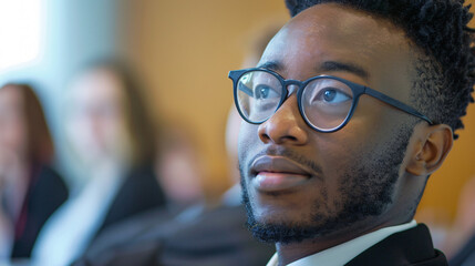 Attentive young professional at conference. Close-up of a focused young Black man wearing glasses at a business conference, showing interest and engagement.