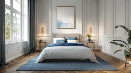 Blue And White Bedroom With A Large Window, A Comfortable Bed, And A Stylish Rug.