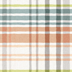 Woven tartan in spring color cloth plaid background pattern. Traditional checkered home decor linen cloth texture effect. Seamless soft furnishing fabric. Variegated melange weave all over print.