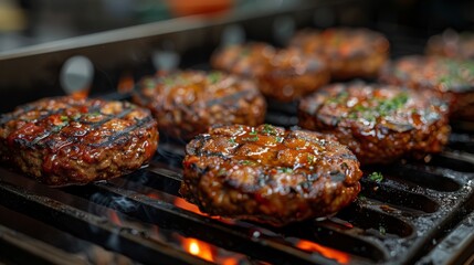 Perfectly cooked gourmet burgers on a grill with a prominent glaze and fire in the background