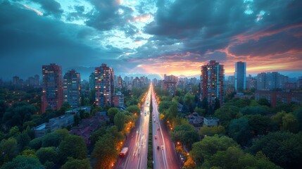 A vibrant cityscape at sunset with streaking car lights on a busy road, skyscrapers, and a dramatic...