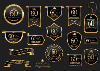 Collection of  Anniversary gold laurel wreath badges and labels vector illustration