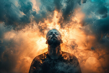 Surreal portrait of a man with fiery explosion background