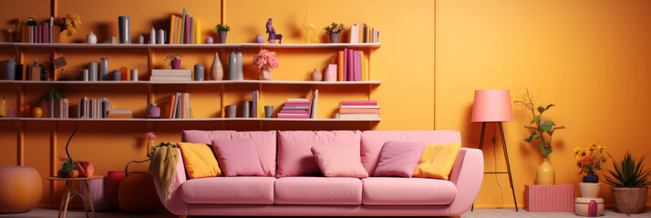 Cheerful and Cozy Living Room with Vibrant Yellow and Orange Hues