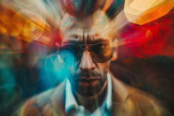 Close-up portrait of man with sunglasses in a colorful bokeh background