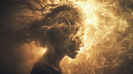 Woman with flowing hair surrounded by intense golden light.