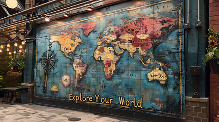 Graffiti wall adorned a whimsical depiction of a world map with colorful continents and the phrase Explore Your World in graffitistyle lettering inspiring curiosity and adventure