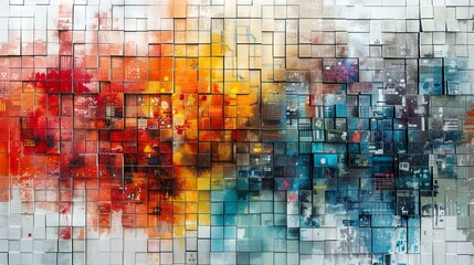 Intricate mosaic pattern with a metropolitan cityscape blending with vibrant abstract elements