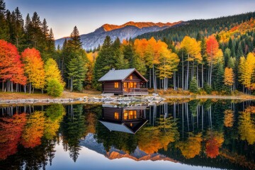 Fototapeta premium Lakeside getaway embraced by the serenity of autumn. A picturesque autumn landscape.