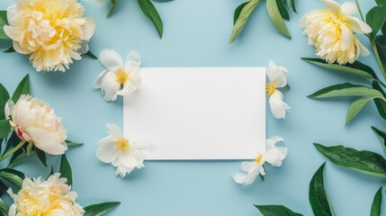 Blank white paper card with yellow and white peony flowers and green leaves isolated on the blue light background. Invitation card concept