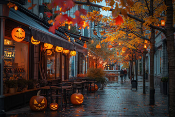 Festive Halloween street decorated with jack-o'-lanterns and lanterns in the evening. Autumn leaves and outdoor cafe tables.