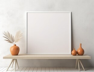 Blank white frame photo mockup for text on the wooden table background for product branding
