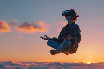 A woman wearing VR headset is meditating in the air with the sun setting behind