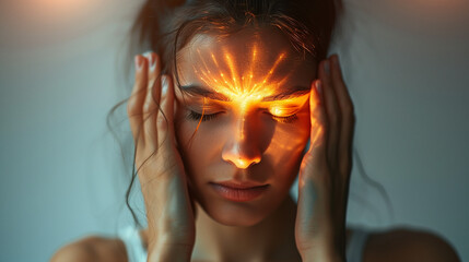 Woman focusing intensely with glowing forehead, representing telepathic abilities.