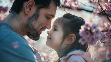 Close up view of smile beautiful daughter and her dad near cherry blossoms flower. Happy father's day campaign background concept