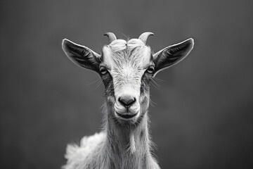 Obraz premium Black and white portrait of a goat with small horns against a neutral background. Studio animal photography for design and print