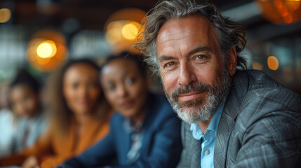 A distinguished looking mature man with a subtle smile is featured with colleagues in a warm café setting