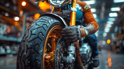 Close-up of gloved hands working on a motorcycle tire in a workshop showcasing skill and precision