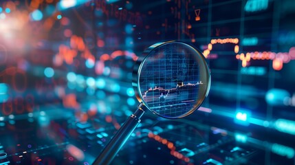 A magnifying glass over blue background with digital data and graphs.