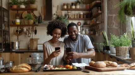 A happy couple engages with smartphones while cooking together in a well-equipped, modern kitchen