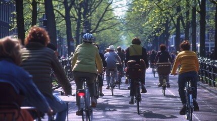 Bicycle traffic jam on a treelined street.