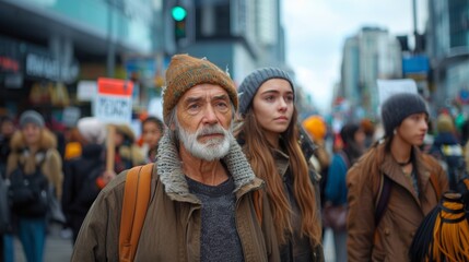 Obraz premium An elderly man stands out in a crowd during a protest, with focused and thoughtful expression