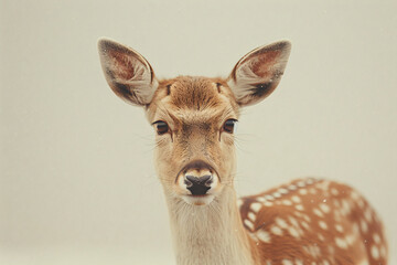 Close-up portrait of a young deer with large ears against a neutral background. Wildlife and nature concept. Animal photography for design and print