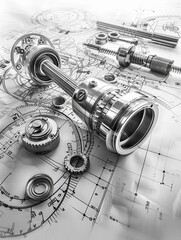 Black and white close up of mechanical parts on top of engineering drawings.