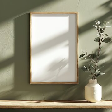 Wooden frame mockup with a vase and shadows on wall. Mockup frame, Ratio 2x3.