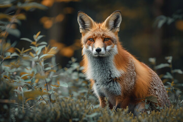 Obraz premium Red fox sitting in the forest surrounded by foliage. Wildlife nature photography