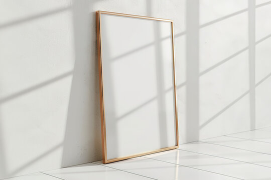 Vertical blank rose gold frame leaning against a white wall with shadows. Mockup frame, Ratio 2x3.