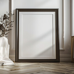 Elegant interior with a blank picture frame against white wall. Mockup frame. Ratio 3x4.