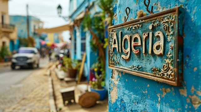 Blue rustic sign with Algeria inscription in an alleyway with vibrant surroundings invoking a cultural and exotic atmosphere