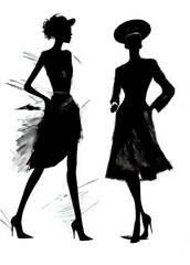 Two vintage fashionable silhouette models, black on a white background.