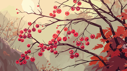 Autumn forest red berry on twig illustration. Cartoon