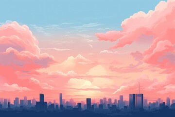 Fototapeta premium Beautiful urban skyline at sunrise with vibrant pink clouds and clear blue sky, perfect for backgrounds and artistic illustrations.