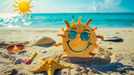 Smiling happy face sun illustration in the sandy shore. Tropical summer background concept