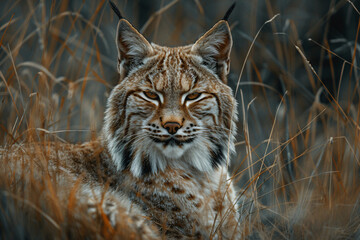Fototapeta premium Lynx lying in grass with intense gaze. Wildlife animal portrait